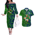 Canberra Raiders Rugby Couples Matching Off The Shoulder Long Sleeve Dress and Hawaiian Shirt Fierce Mascot Geometric Tribal Art