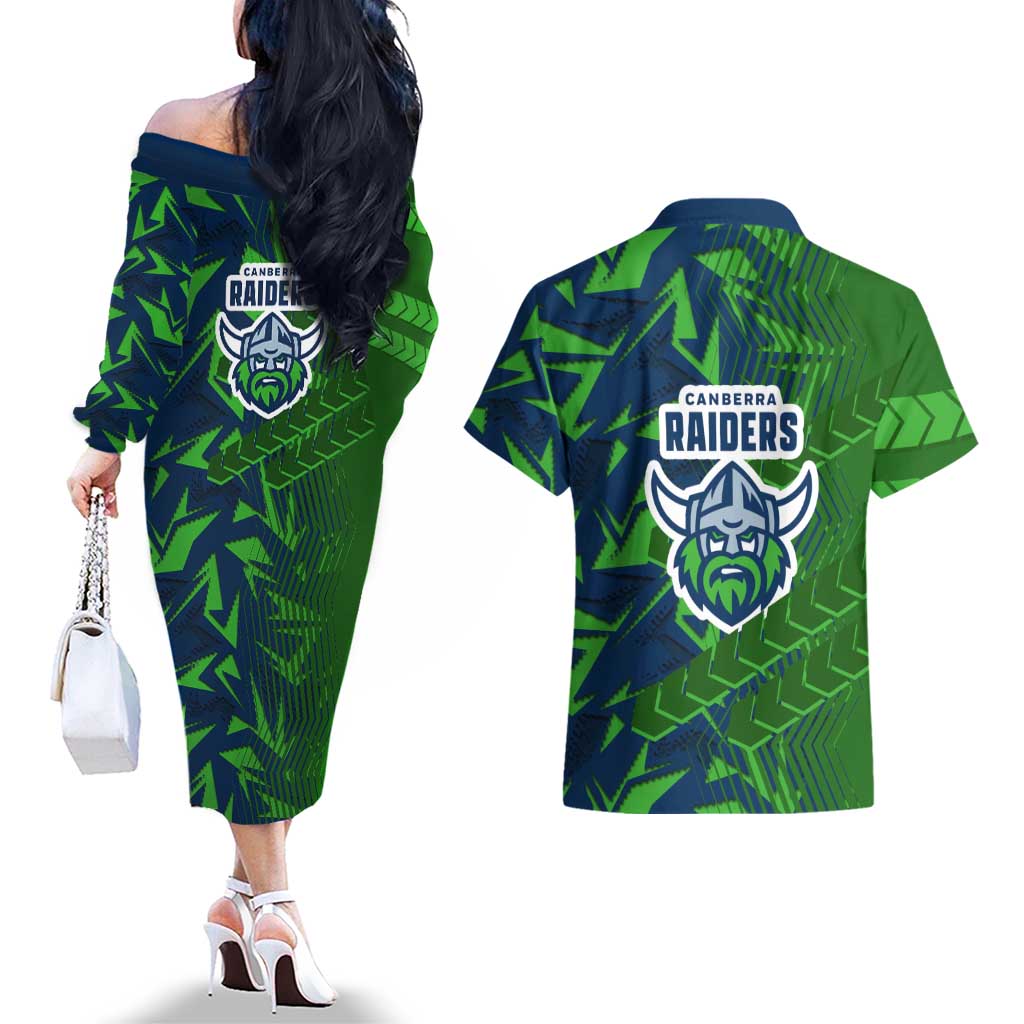 Canberra Raiders Rugby Couples Matching Off The Shoulder Long Sleeve Dress and Hawaiian Shirt Fierce Mascot Geometric Tribal Art