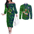 Canberra Raiders Rugby Couples Matching Off The Shoulder Long Sleeve Dress and Long Sleeve Button Shirt Fierce Mascot Geometric Tribal Art