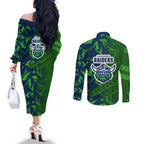 Canberra Raiders Rugby Couples Matching Off The Shoulder Long Sleeve Dress and Long Sleeve Button Shirt Fierce Mascot Geometric Tribal Art