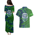 Canberra Raiders Rugby Couples Matching Puletasi and Hawaiian Shirt Fierce Mascot Geometric Tribal Art