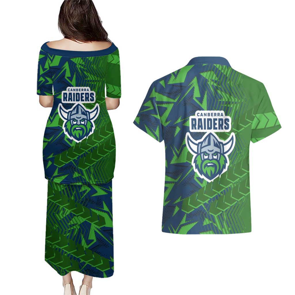 Canberra Raiders Rugby Couples Matching Puletasi and Hawaiian Shirt Fierce Mascot Geometric Tribal Art