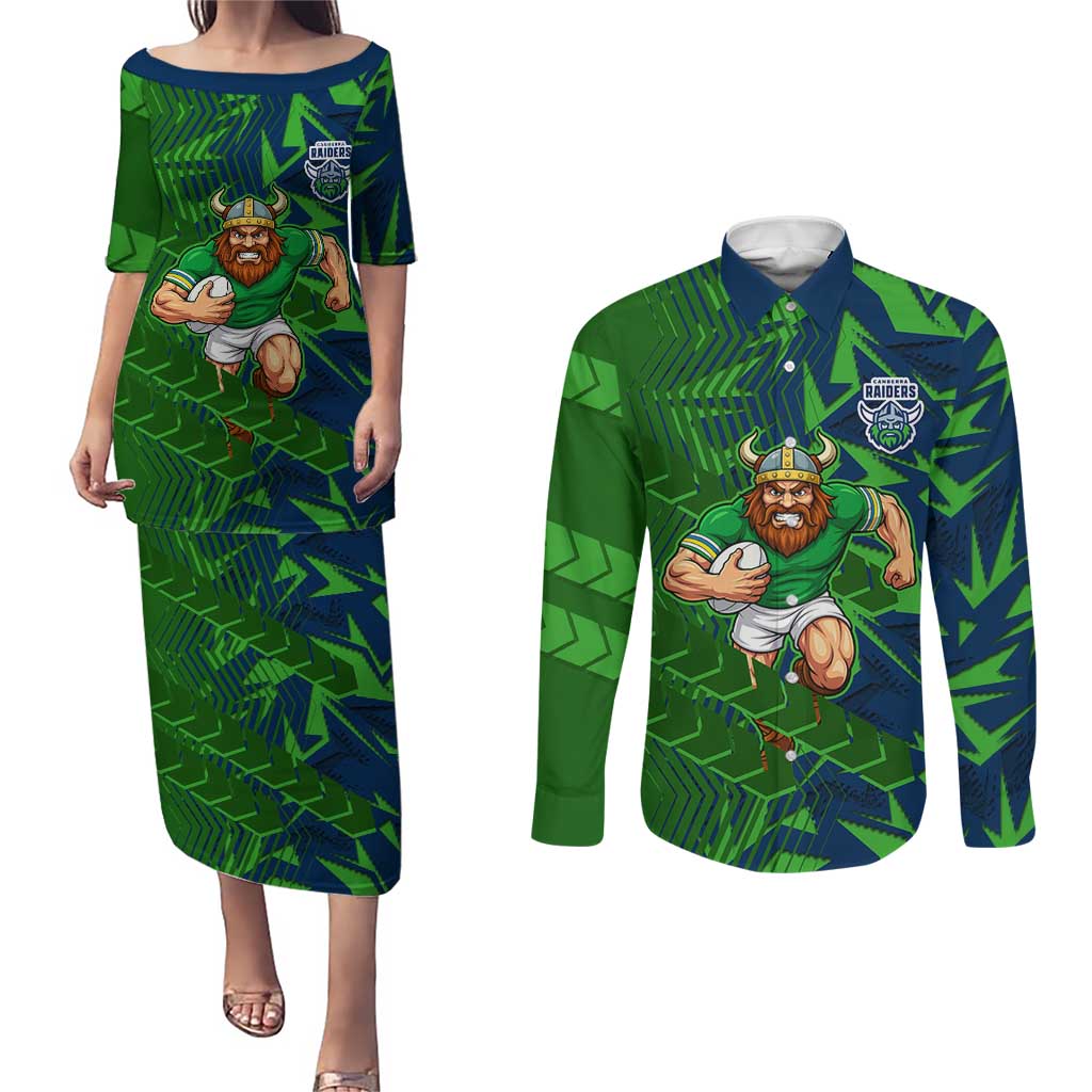 Canberra Raiders Rugby Couples Matching Puletasi and Long Sleeve Button Shirt Fierce Mascot Geometric Tribal Art