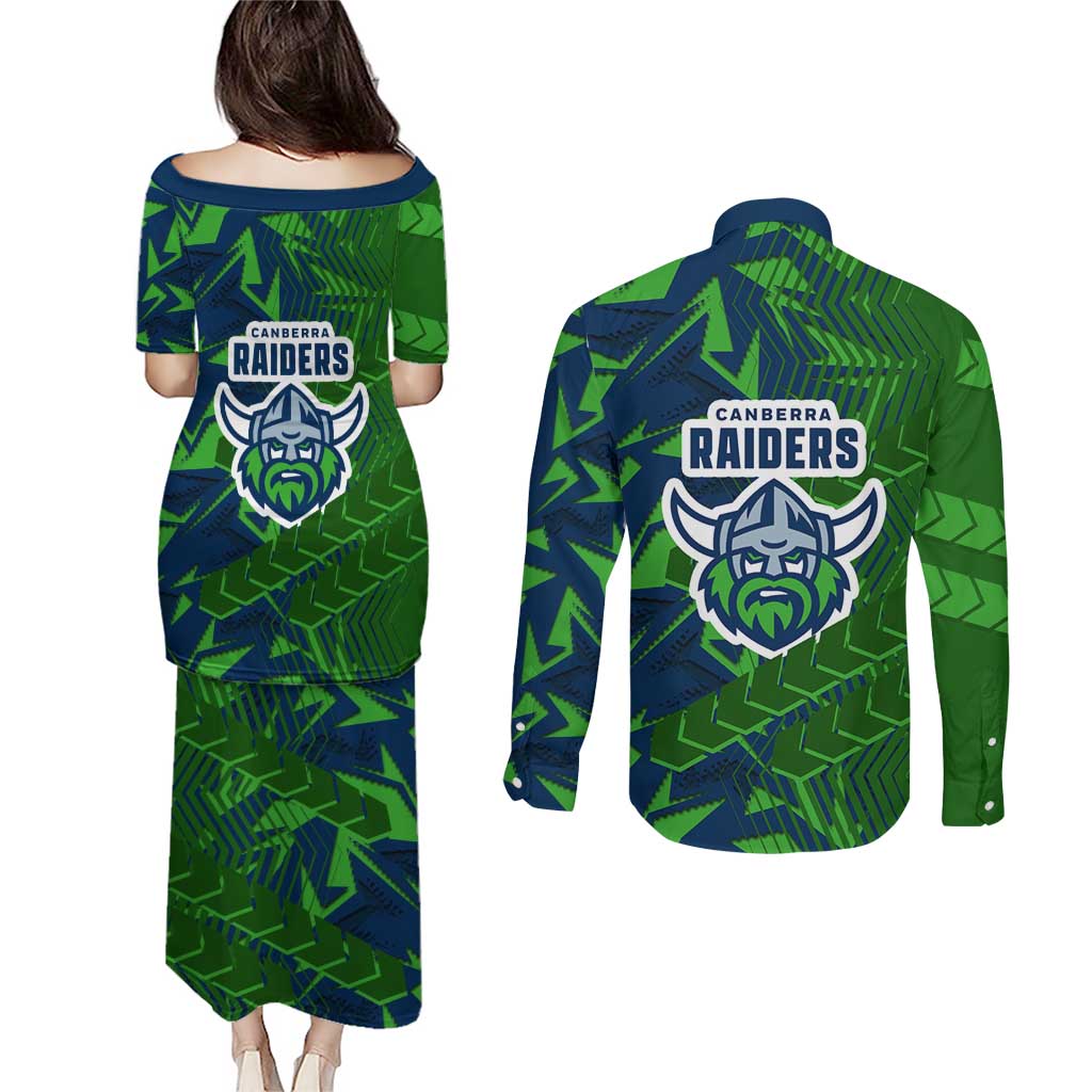 Canberra Raiders Rugby Couples Matching Puletasi and Long Sleeve Button Shirt Fierce Mascot Geometric Tribal Art