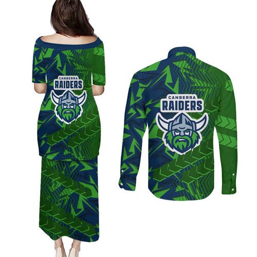 Canberra Raiders Rugby Couples Matching Puletasi and Long Sleeve Button Shirt Fierce Mascot Geometric Tribal Art