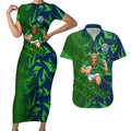 Canberra Raiders Rugby Couples Matching Short Sleeve Bodycon Dress and Hawaiian Shirt Fierce Mascot Geometric Tribal Art