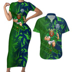 Canberra Raiders Rugby Couples Matching Short Sleeve Bodycon Dress and Hawaiian Shirt Fierce Mascot Geometric Tribal Art