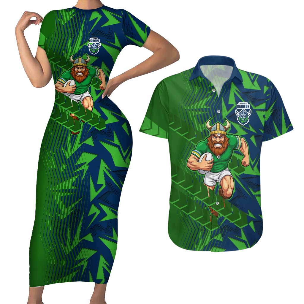 Canberra Raiders Rugby Couples Matching Short Sleeve Bodycon Dress and Hawaiian Shirt Fierce Mascot Geometric Tribal Art