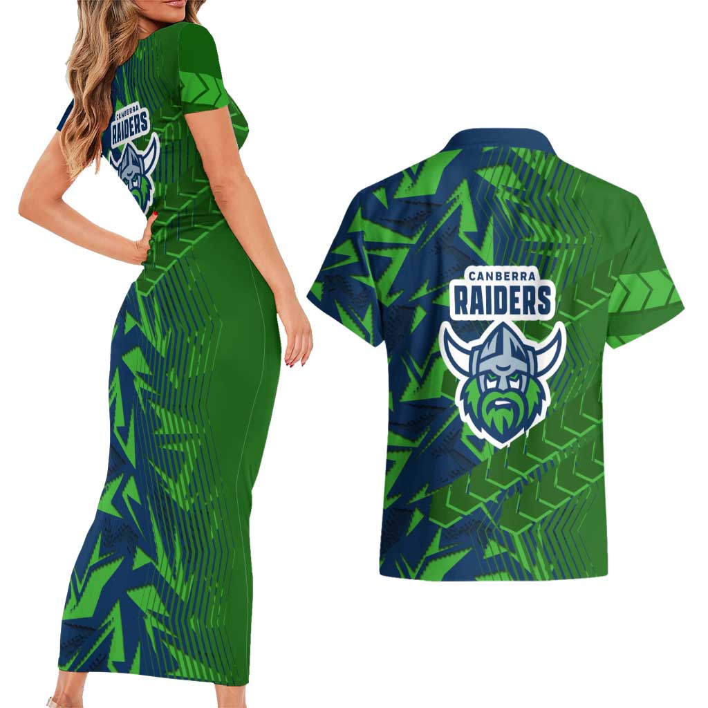 Canberra Raiders Rugby Couples Matching Short Sleeve Bodycon Dress and Hawaiian Shirt Fierce Mascot Geometric Tribal Art