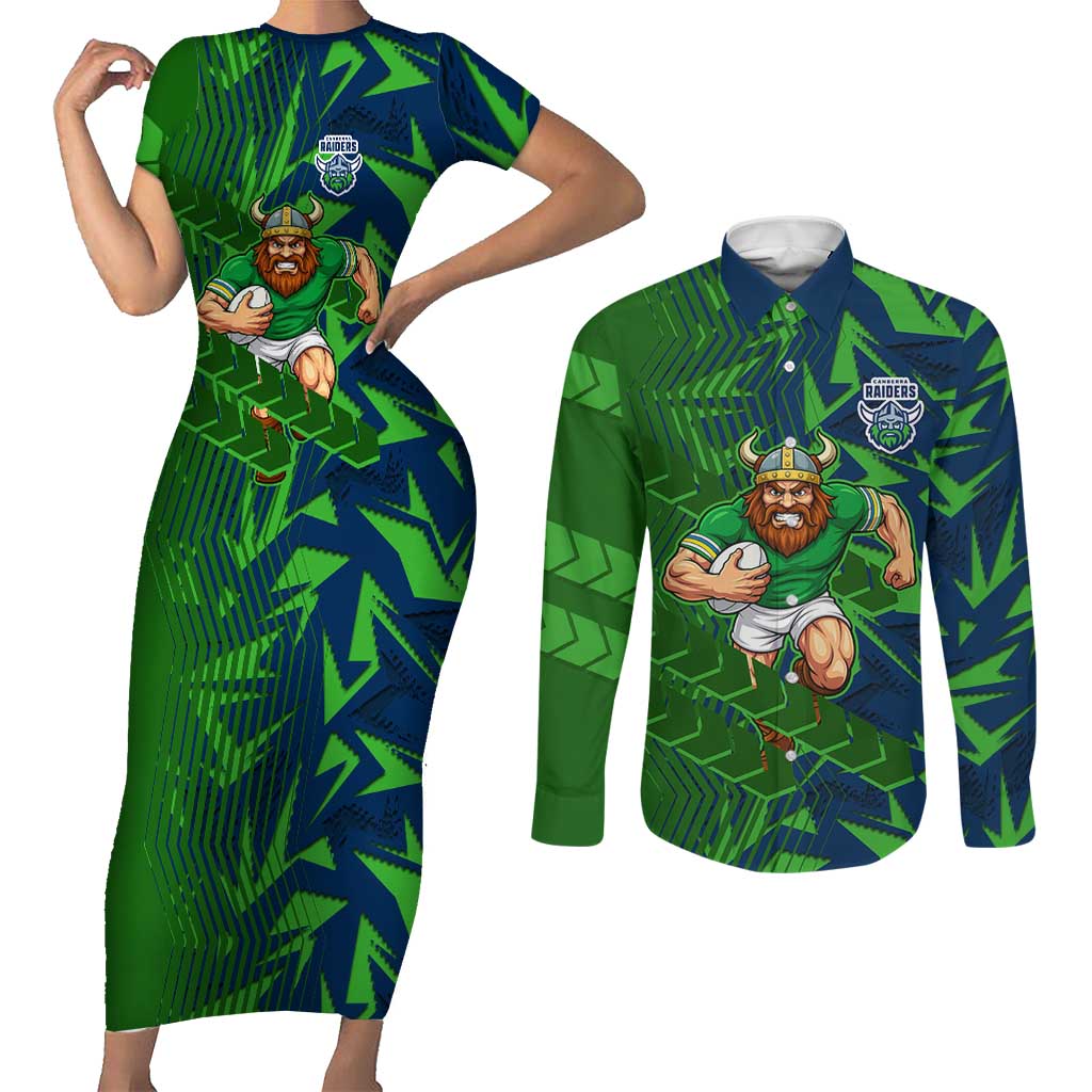 Canberra Raiders Rugby Couples Matching Short Sleeve Bodycon Dress and Long Sleeve Button Shirt Fierce Mascot Geometric Tribal Art