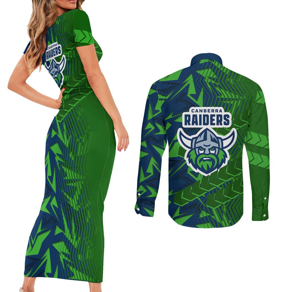 Canberra Raiders Rugby Couples Matching Short Sleeve Bodycon Dress and Long Sleeve Button Shirt Fierce Mascot Geometric Tribal Art