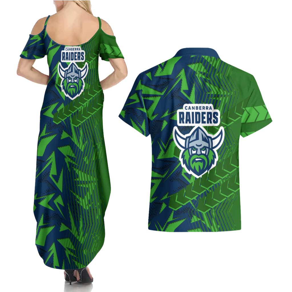 Canberra Raiders Rugby Couples Matching Summer Maxi Dress and Hawaiian Shirt Fierce Mascot Geometric Tribal Art