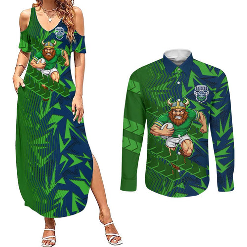 Canberra Raiders Rugby Couples Matching Summer Maxi Dress and Long Sleeve Button Shirt Fierce Mascot Geometric Tribal Art