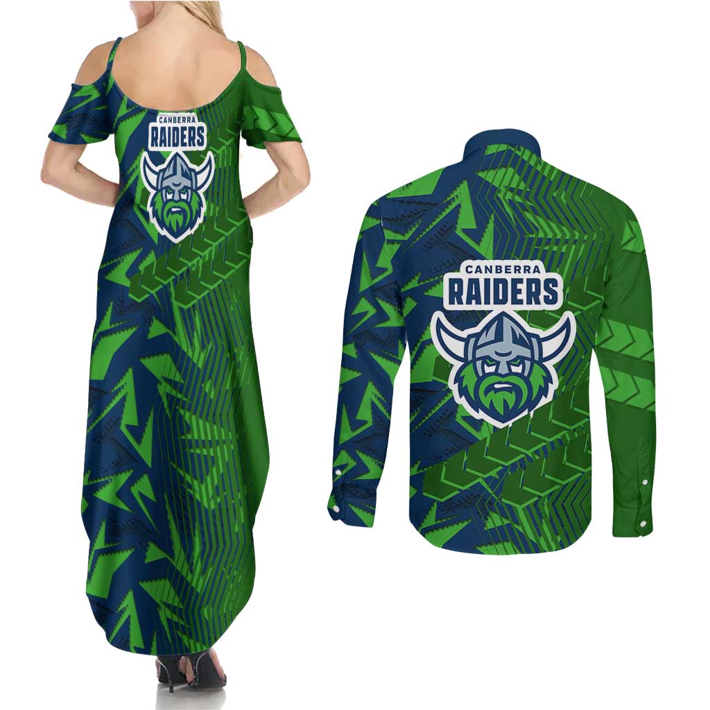 Canberra Raiders Rugby Couples Matching Summer Maxi Dress and Long Sleeve Button Shirt Fierce Mascot Geometric Tribal Art