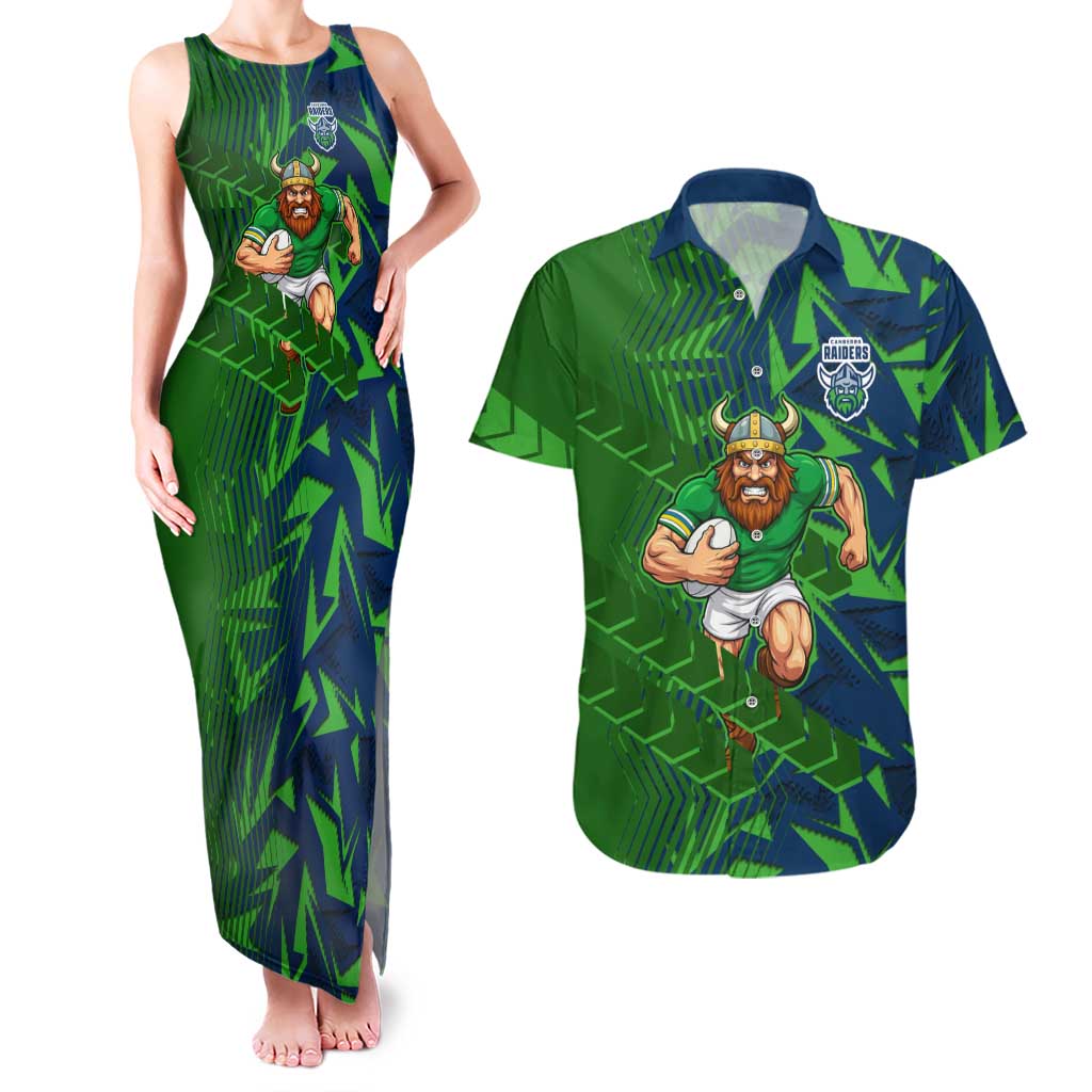Canberra Raiders Rugby Couples Matching Tank Maxi Dress and Hawaiian Shirt Fierce Mascot Geometric Tribal Art
