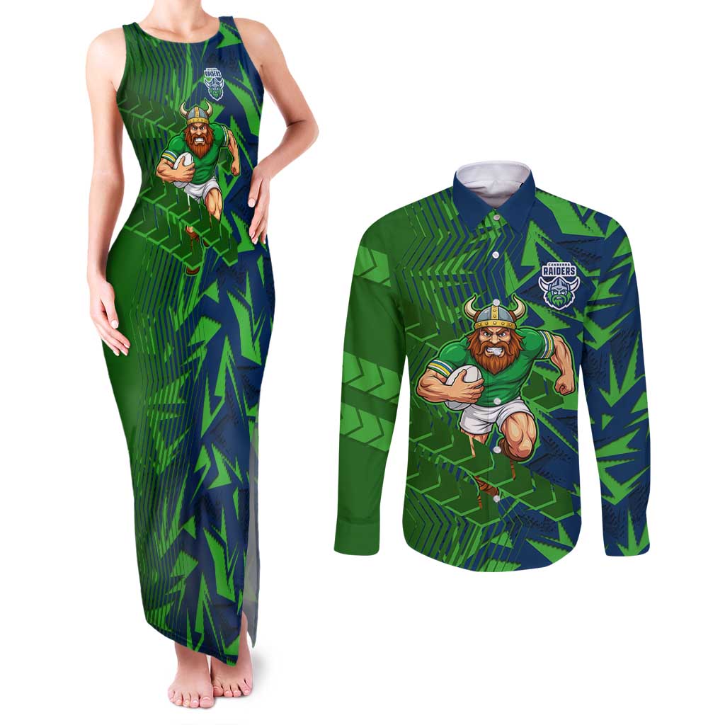 Canberra Raiders Rugby Couples Matching Tank Maxi Dress and Long Sleeve Button Shirt Fierce Mascot Geometric Tribal Art