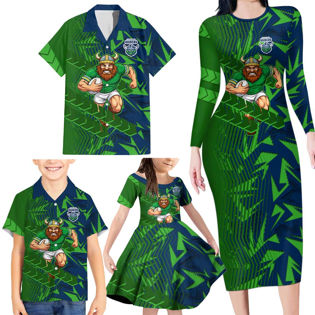 Canberra Raiders Rugby Family Matching Long Sleeve Bodycon Dress and Hawaiian Shirt Fierce Mascot Geometric Tribal Art