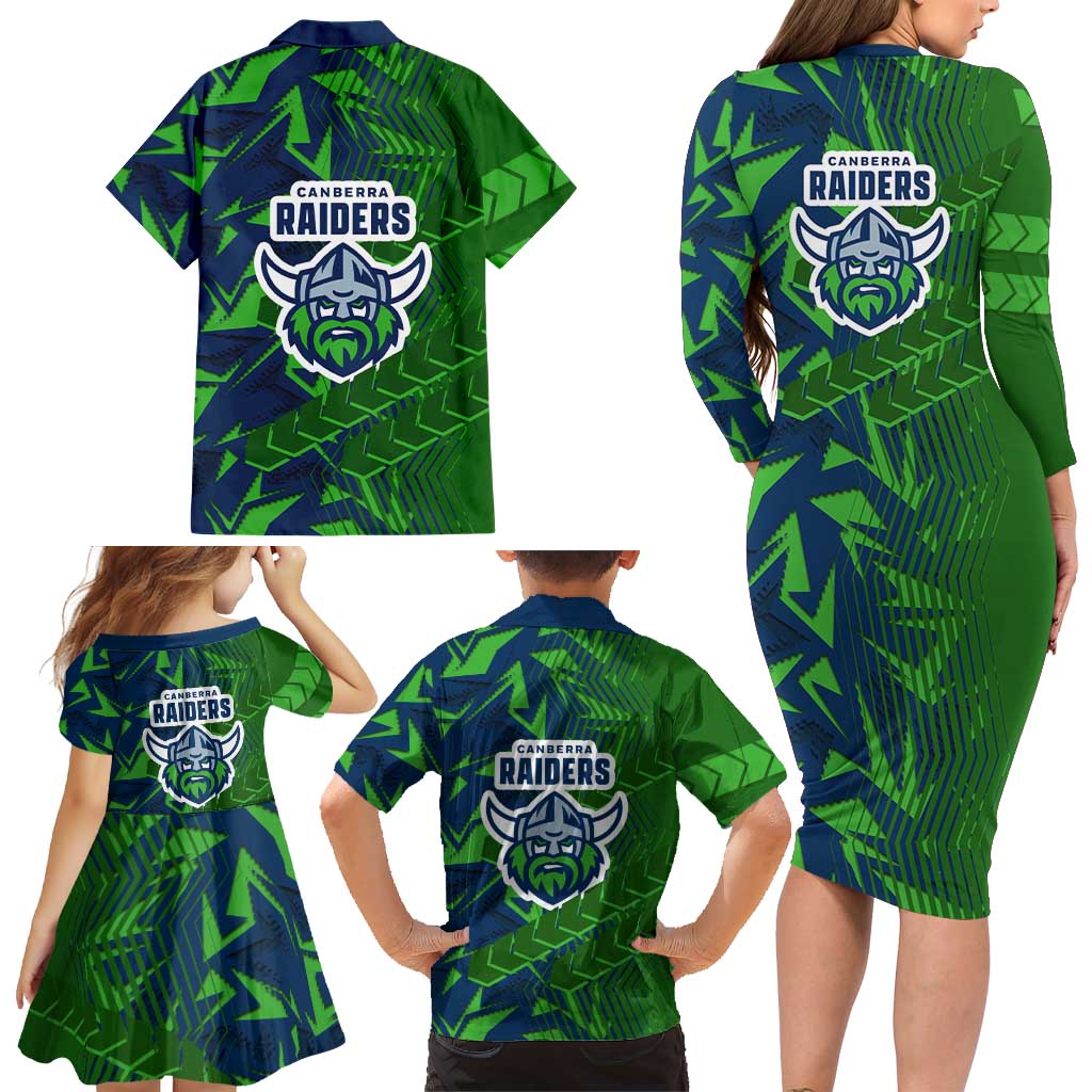 Canberra Raiders Rugby Family Matching Long Sleeve Bodycon Dress and Hawaiian Shirt Fierce Mascot Geometric Tribal Art