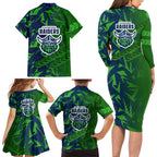 Canberra Raiders Rugby Family Matching Long Sleeve Bodycon Dress and Hawaiian Shirt Fierce Mascot Geometric Tribal Art
