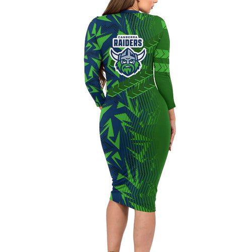 Canberra Raiders Rugby Family Matching Long Sleeve Bodycon Dress and Hawaiian Shirt Fierce Mascot Geometric Tribal Art