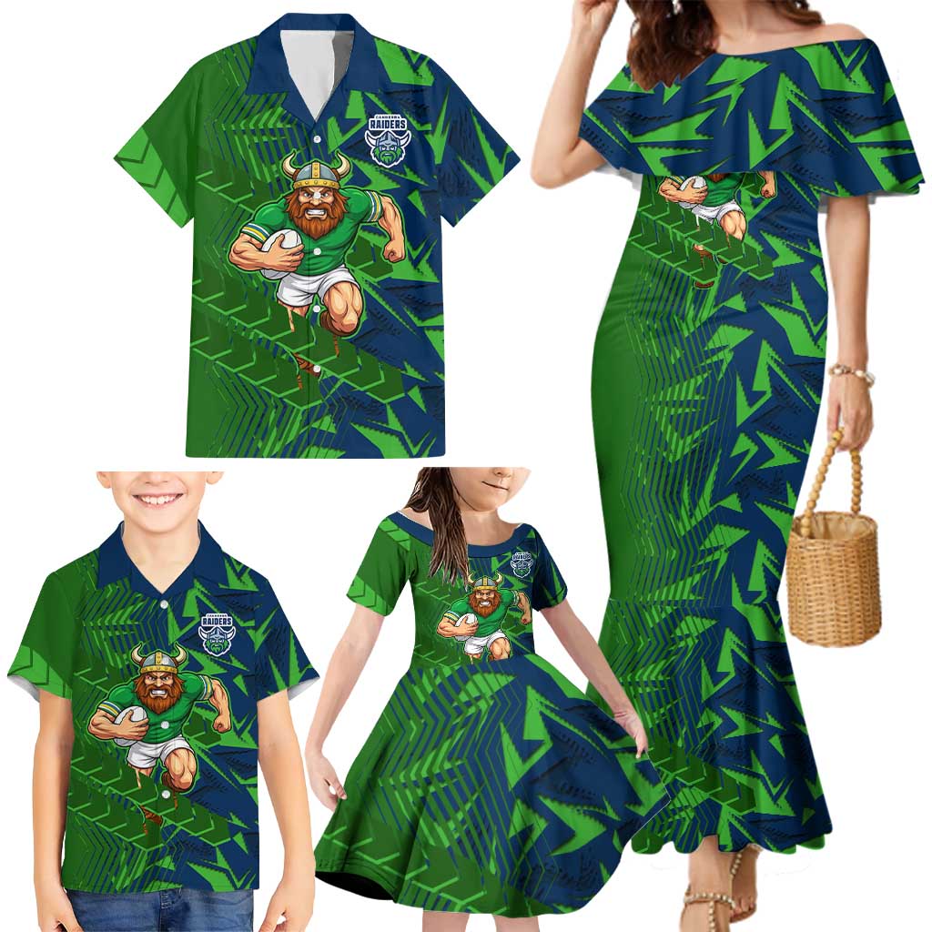 Canberra Raiders Rugby Family Matching Mermaid Dress and Hawaiian Shirt Fierce Mascot Geometric Tribal Art