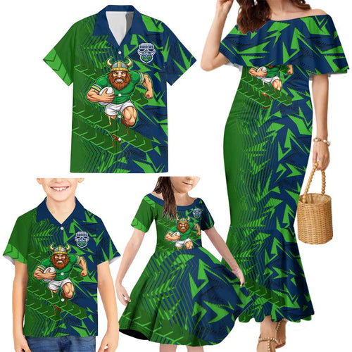 Canberra Raiders Rugby Family Matching Mermaid Dress and Hawaiian Shirt Fierce Mascot Geometric Tribal Art