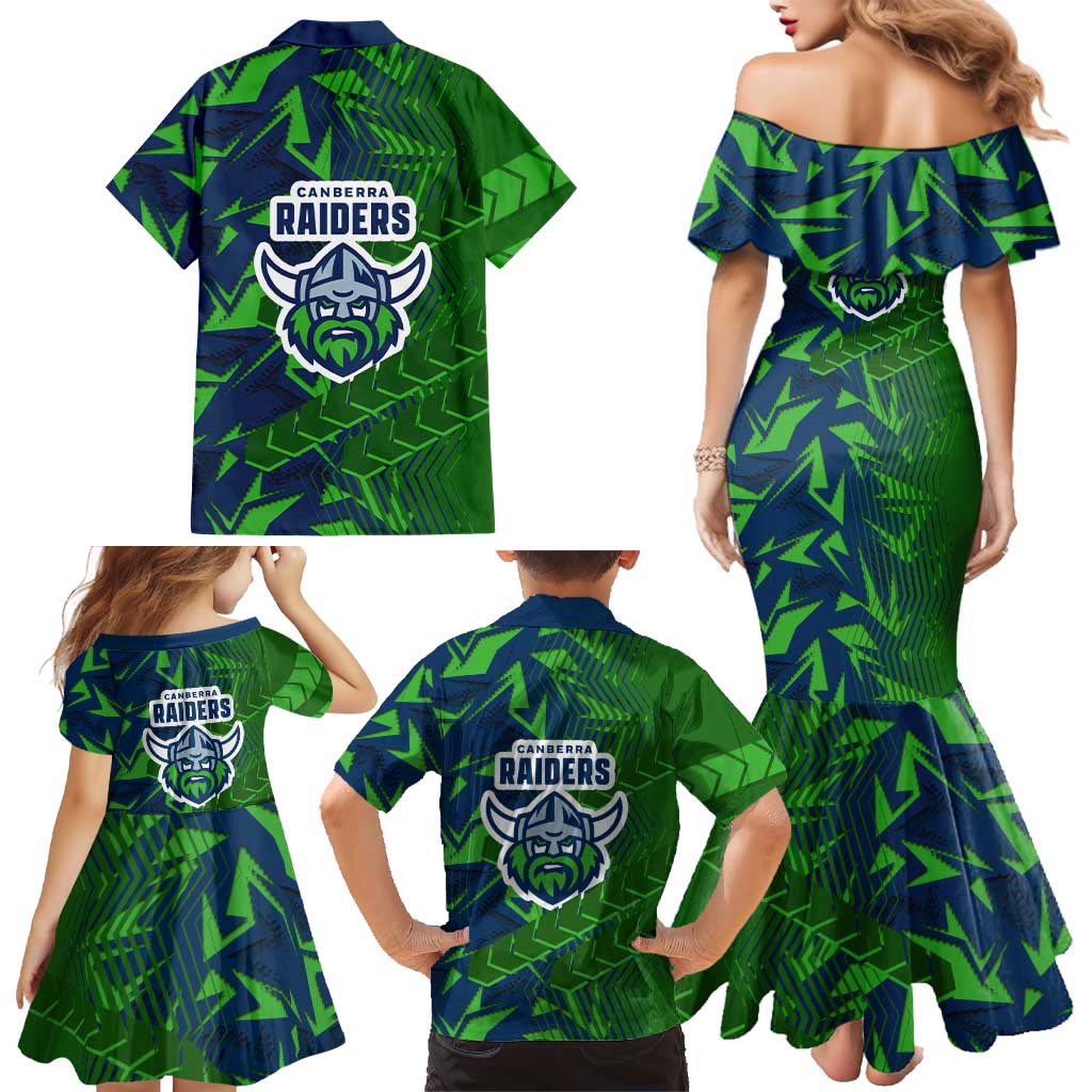 Canberra Raiders Rugby Family Matching Mermaid Dress and Hawaiian Shirt Fierce Mascot Geometric Tribal Art