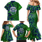 Canberra Raiders Rugby Family Matching Mermaid Dress and Hawaiian Shirt Fierce Mascot Geometric Tribal Art