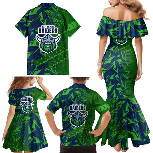 Canberra Raiders Rugby Family Matching Mermaid Dress and Hawaiian Shirt Fierce Mascot Geometric Tribal Art