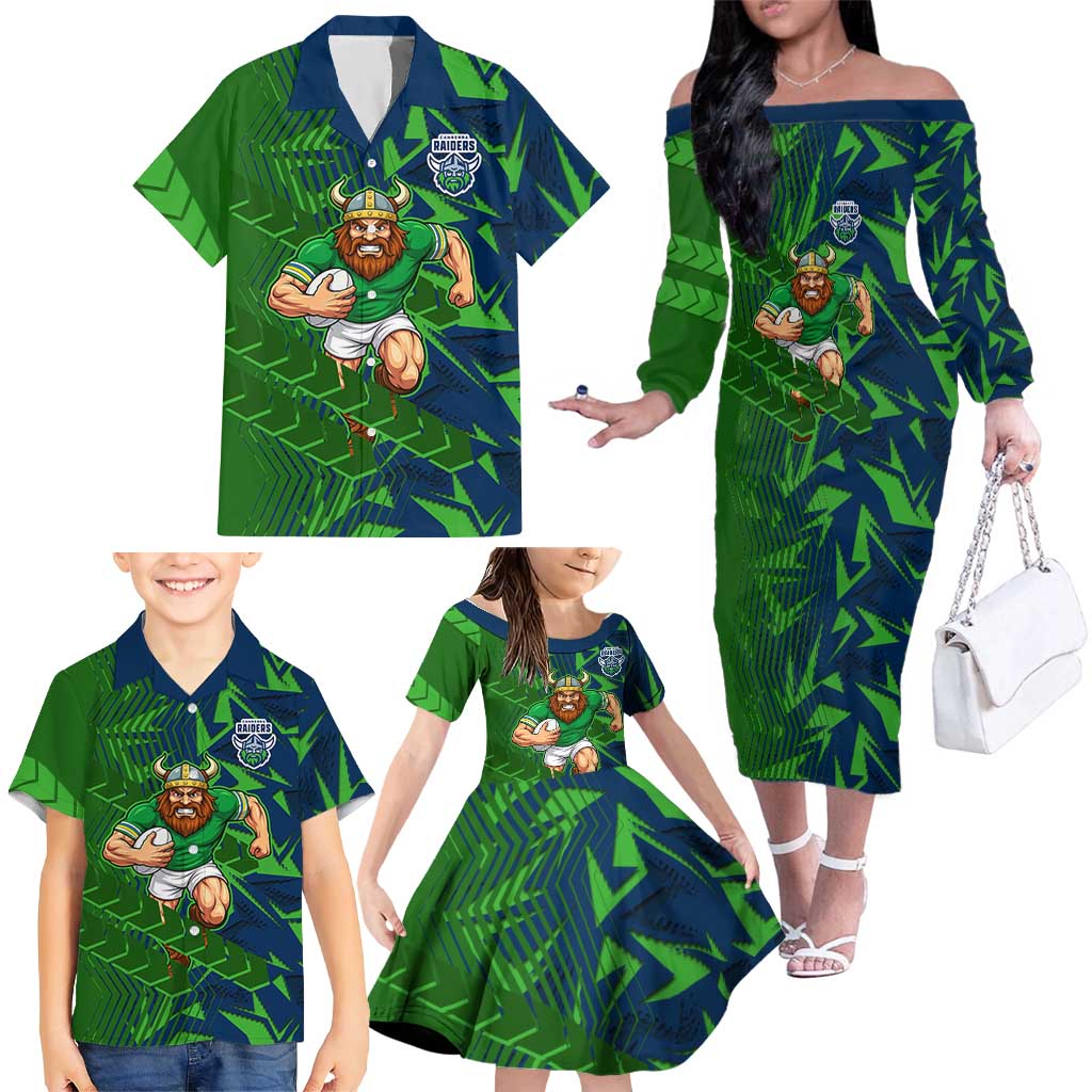 Canberra Raiders Rugby Family Matching Off The Shoulder Long Sleeve Dress and Hawaiian Shirt Fierce Mascot Geometric Tribal Art