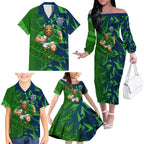 Canberra Raiders Rugby Family Matching Off The Shoulder Long Sleeve Dress and Hawaiian Shirt Fierce Mascot Geometric Tribal Art