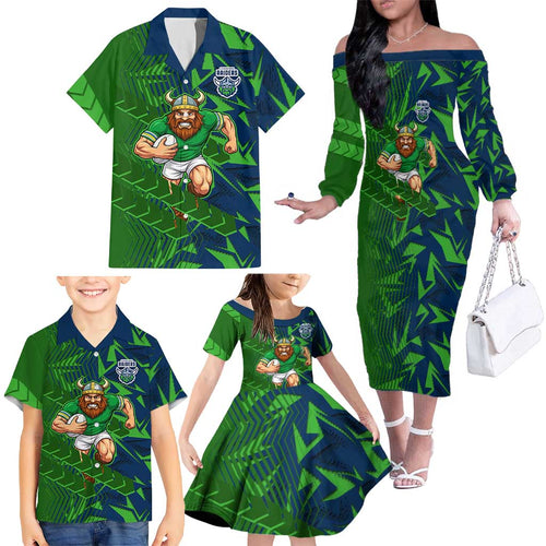 Canberra Raiders Rugby Family Matching Off The Shoulder Long Sleeve Dress and Hawaiian Shirt Fierce Mascot Geometric Tribal Art