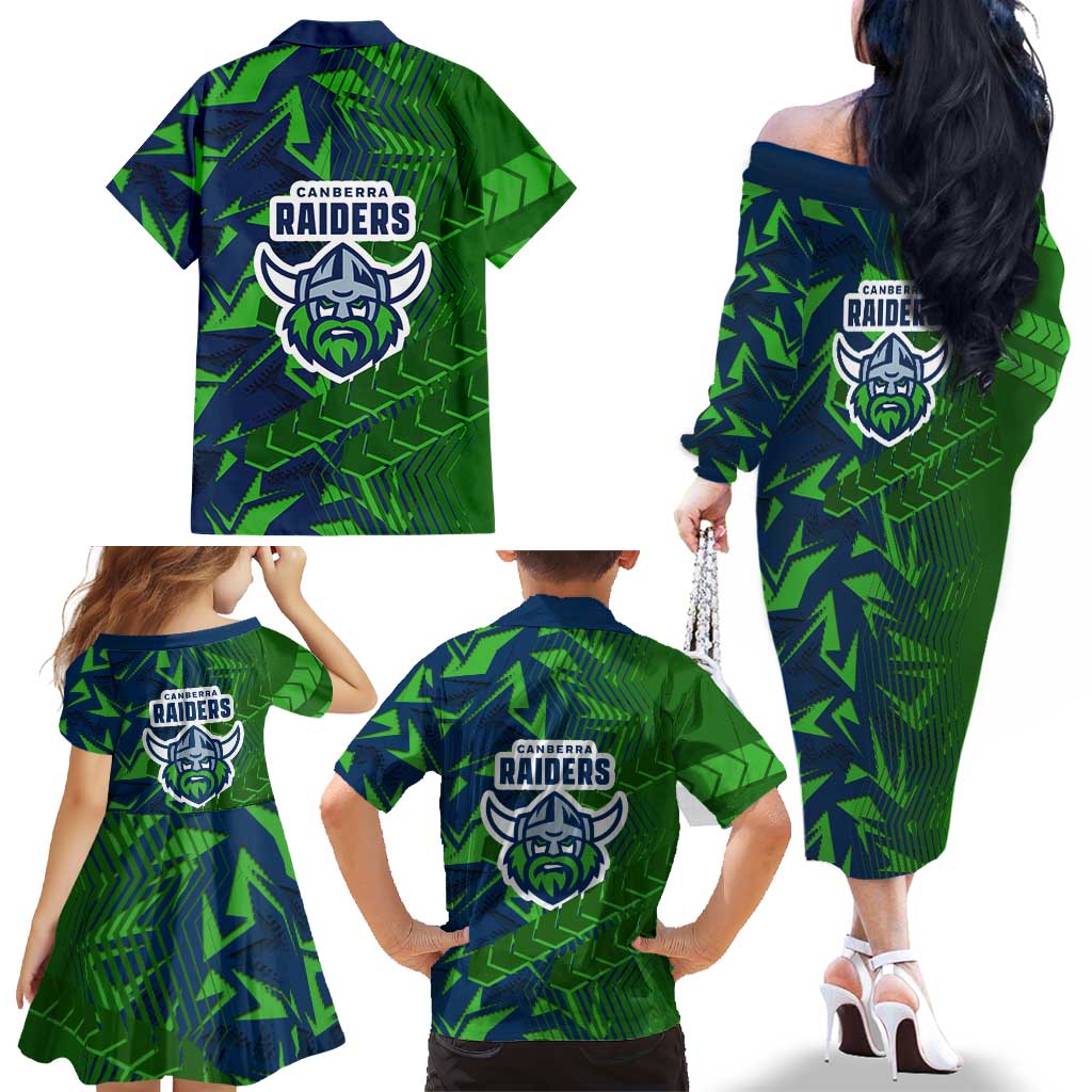 Canberra Raiders Rugby Family Matching Off The Shoulder Long Sleeve Dress and Hawaiian Shirt Fierce Mascot Geometric Tribal Art
