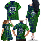 Canberra Raiders Rugby Family Matching Off The Shoulder Long Sleeve Dress and Hawaiian Shirt Fierce Mascot Geometric Tribal Art