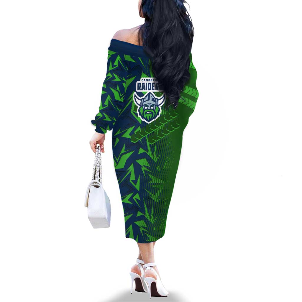 Canberra Raiders Rugby Family Matching Off The Shoulder Long Sleeve Dress and Hawaiian Shirt Fierce Mascot Geometric Tribal Art