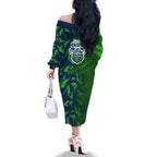 Canberra Raiders Rugby Family Matching Off The Shoulder Long Sleeve Dress and Hawaiian Shirt Fierce Mascot Geometric Tribal Art
