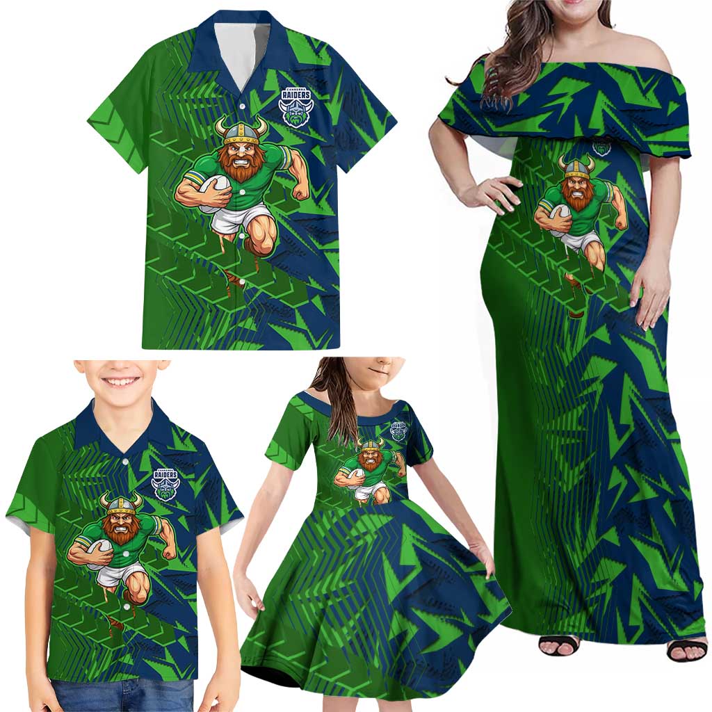 Canberra Raiders Rugby Family Matching Off Shoulder Maxi Dress and Hawaiian Shirt Fierce Mascot Geometric Tribal Art