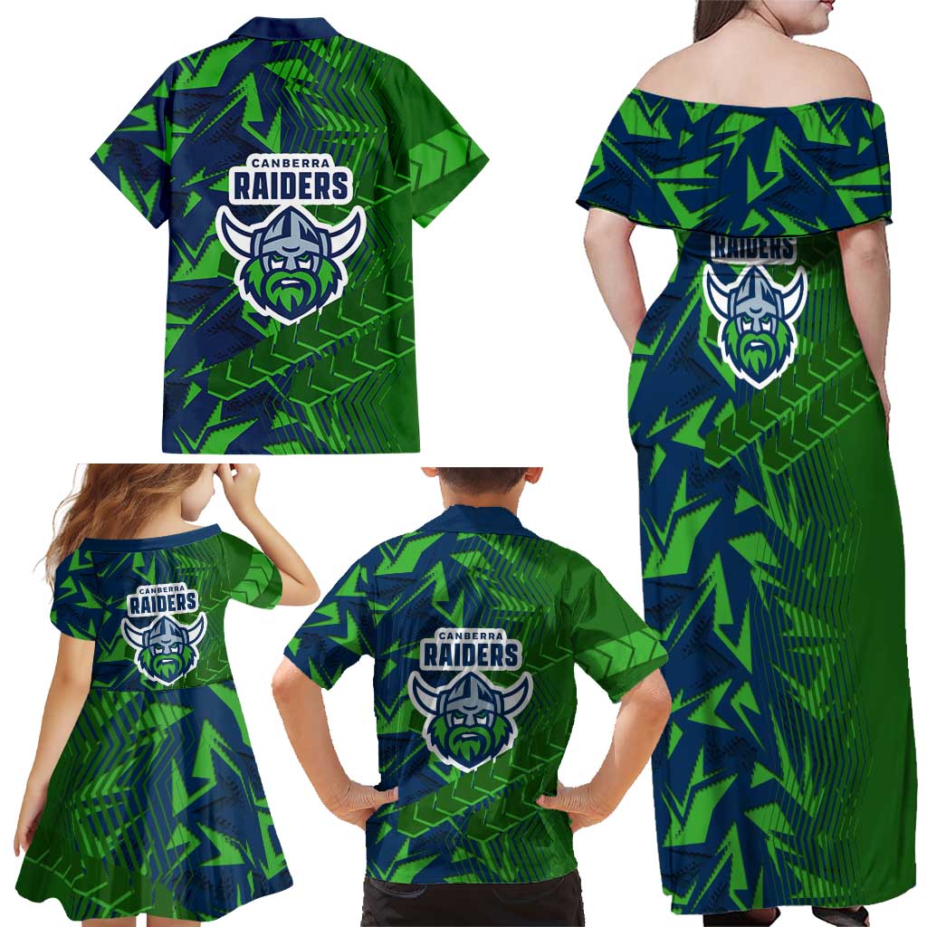 Canberra Raiders Rugby Family Matching Off Shoulder Maxi Dress and Hawaiian Shirt Fierce Mascot Geometric Tribal Art