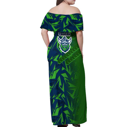 Canberra Raiders Rugby Family Matching Off Shoulder Maxi Dress and Hawaiian Shirt Fierce Mascot Geometric Tribal Art