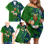 Canberra Raiders Rugby Family Matching Off Shoulder Short Dress and Hawaiian Shirt Fierce Mascot Geometric Tribal Art