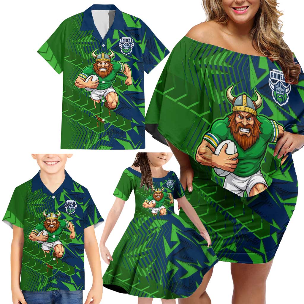Canberra Raiders Rugby Family Matching Off Shoulder Short Dress and Hawaiian Shirt Fierce Mascot Geometric Tribal Art