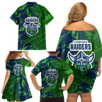 Canberra Raiders Rugby Family Matching Off Shoulder Short Dress and Hawaiian Shirt Fierce Mascot Geometric Tribal Art
