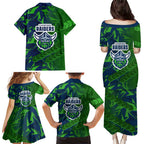 Canberra Raiders Rugby Family Matching Puletasi and Hawaiian Shirt Fierce Mascot Geometric Tribal Art