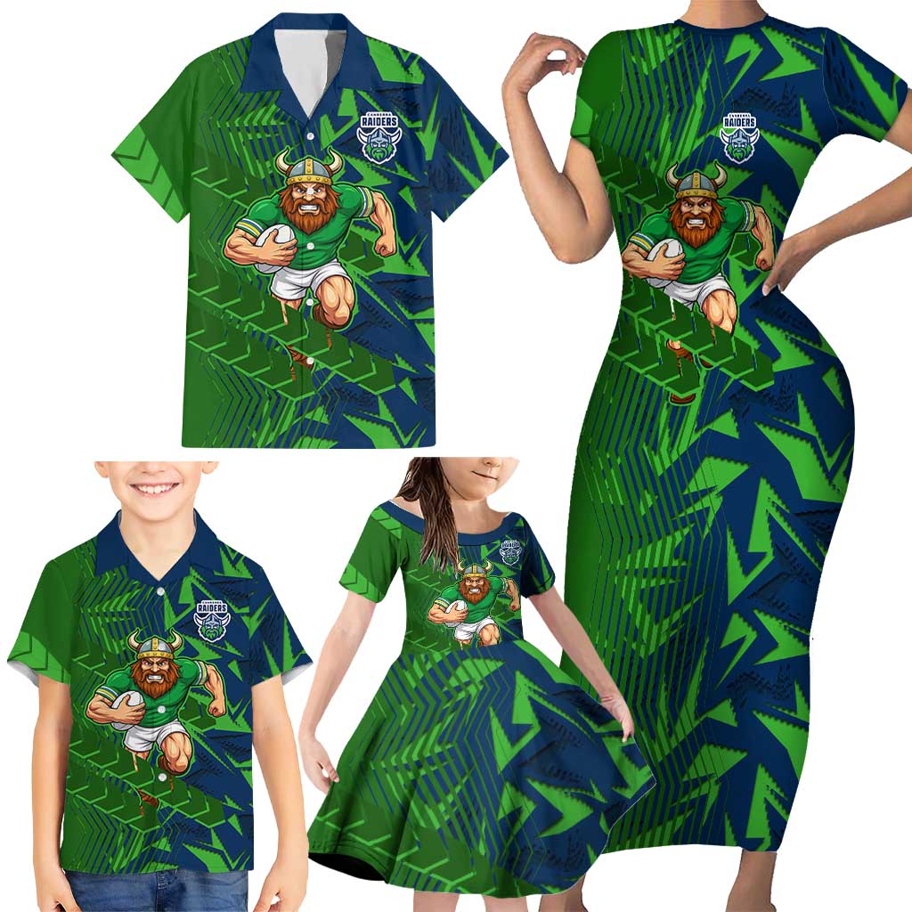 Canberra Raiders Rugby Family Matching Short Sleeve Bodycon Dress and Hawaiian Shirt Fierce Mascot Geometric Tribal Art