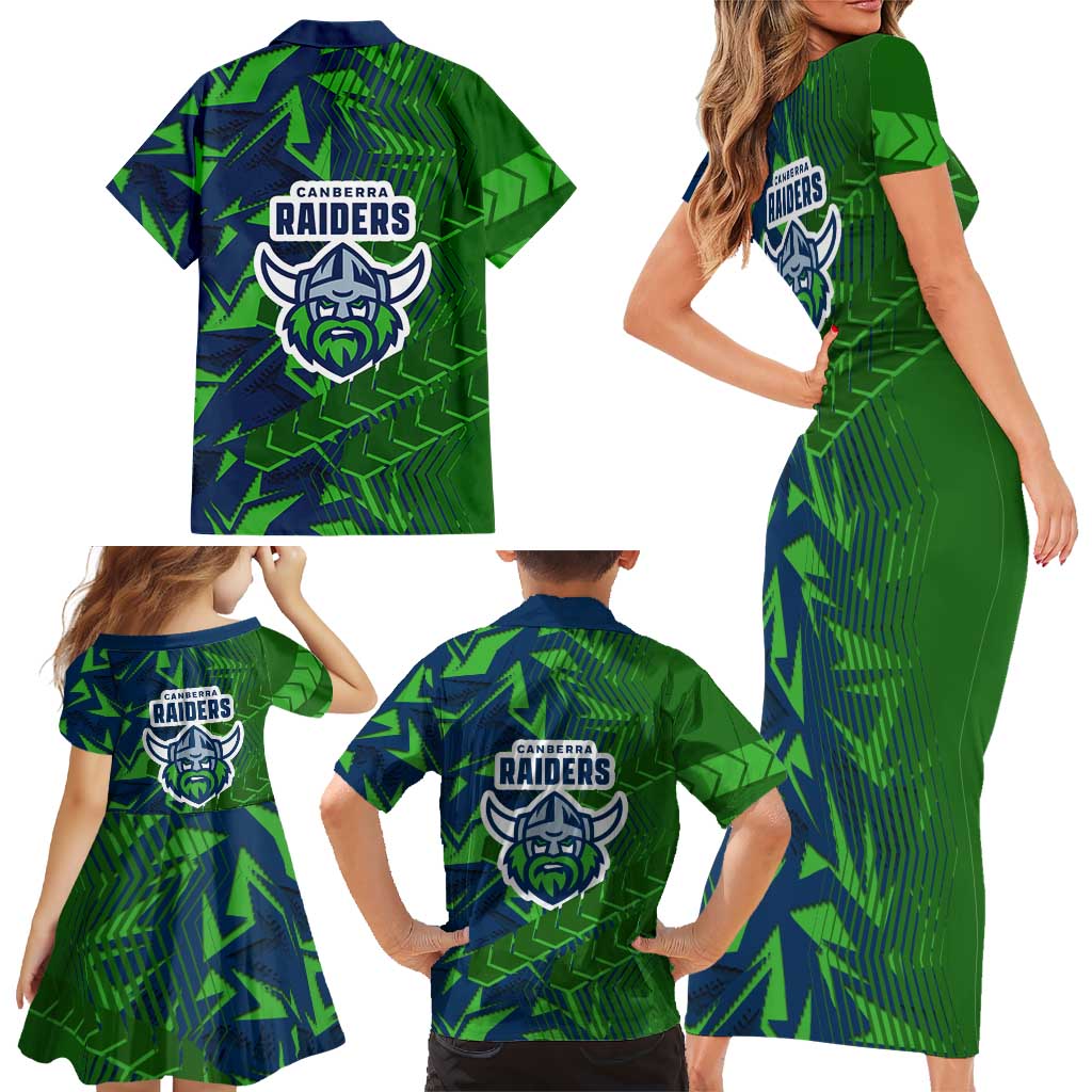 Canberra Raiders Rugby Family Matching Short Sleeve Bodycon Dress and Hawaiian Shirt Fierce Mascot Geometric Tribal Art