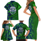 Canberra Raiders Rugby Family Matching Short Sleeve Bodycon Dress and Hawaiian Shirt Fierce Mascot Geometric Tribal Art