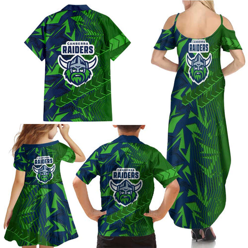 Canberra Raiders Rugby Family Matching Summer Maxi Dress and Hawaiian Shirt Fierce Mascot Geometric Tribal Art