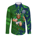 Canberra Raiders Rugby Long Sleeve Button Shirt Fierce Mascot Geometric Tribal Art