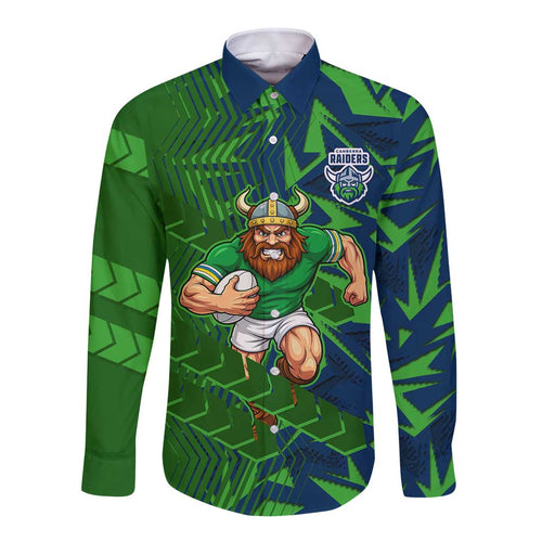 Canberra Raiders Rugby Long Sleeve Button Shirt Fierce Mascot Geometric Tribal Art