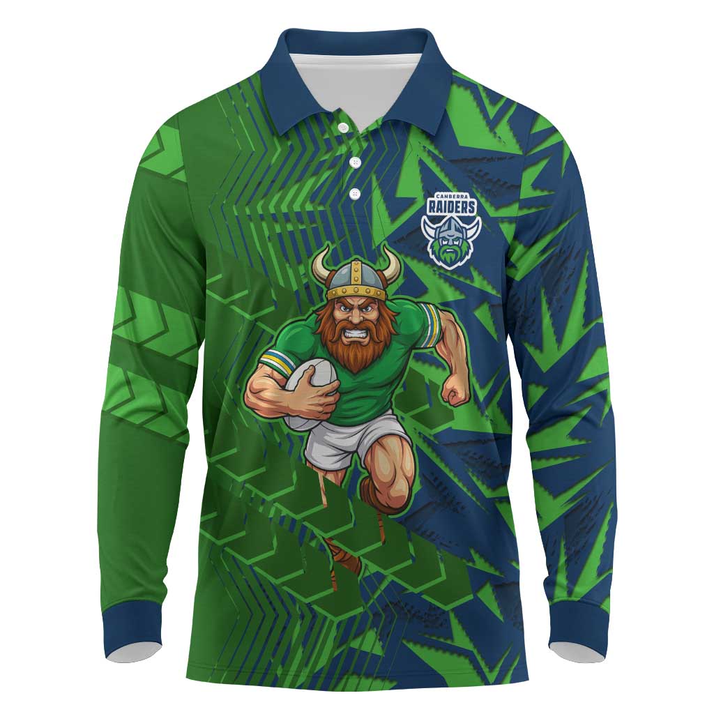 Canberra Raiders Rugby Long Sleeve Polo Shirt Fierce Mascot Geometric Tribal Art
